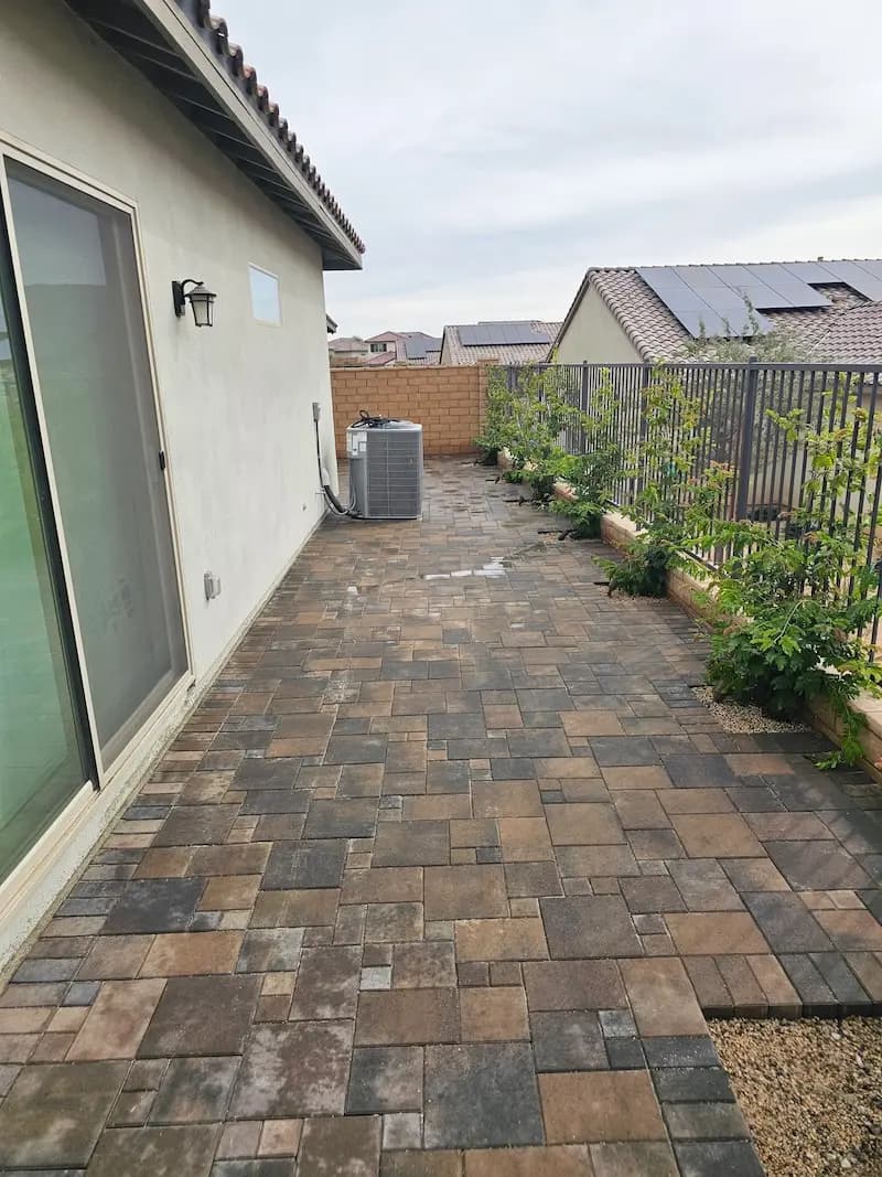 A picture of the side of a house with a brick path installed, alongside some very nice plants that line the fence that separates the house from the place next door.